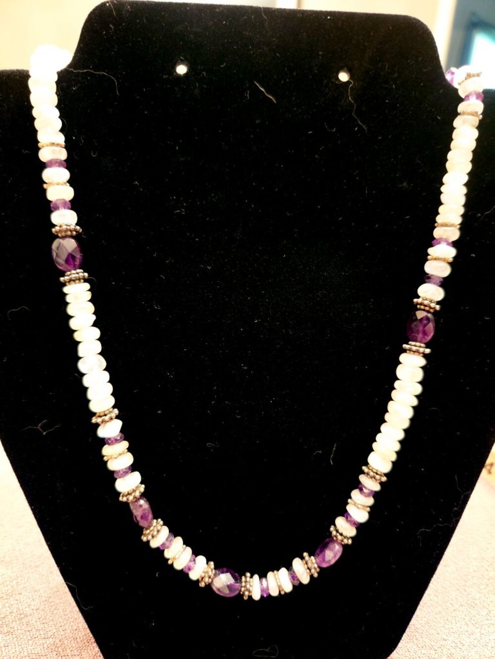 Handcrafted Balinese Sterling Silver Moonstone & Amethyst Beaded Necklace - 19"